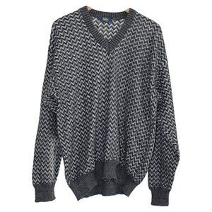 Sulka Designer - Vintage Men's Chevron Print V-Neck Pullover, Alpaca - XL